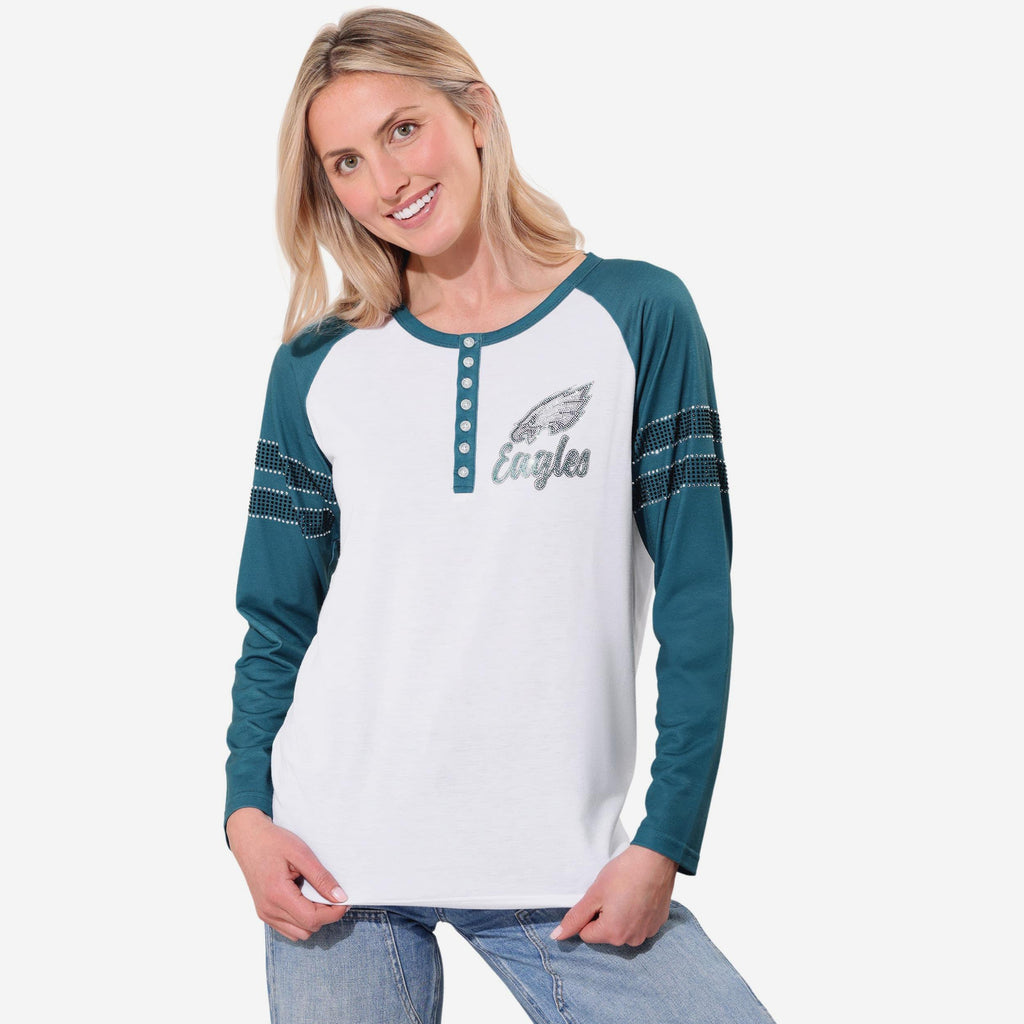 Philadelphia Eagles Rhinestone Long Sleeve Henley FOCO S - FOCO.com