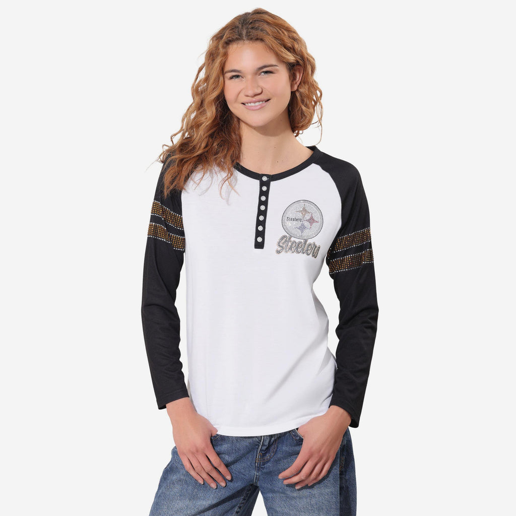 Pittsburgh Steelers Rhinestone Long Sleeve Henley FOCO S - FOCO.com