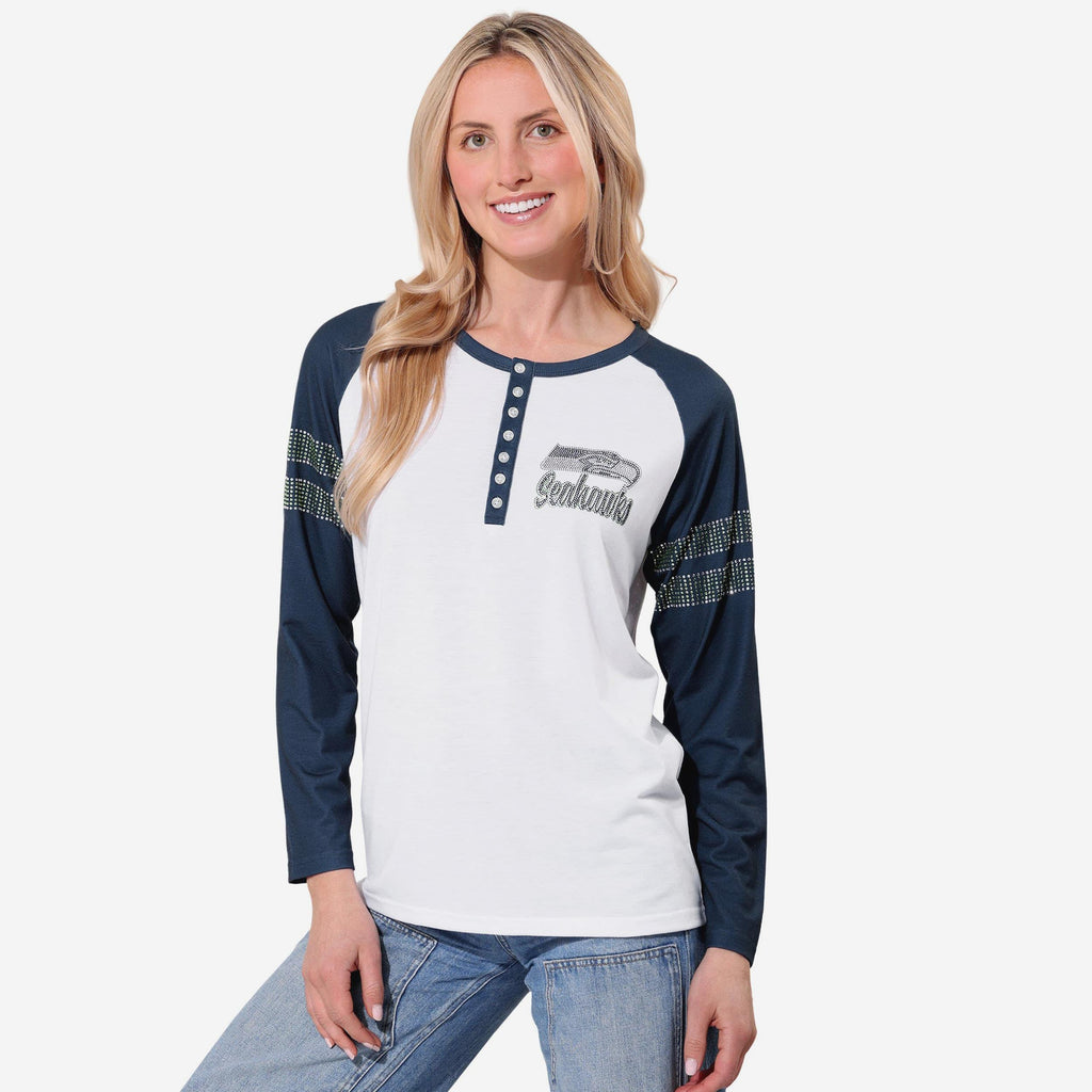Seattle Seahawks Rhinestone Long Sleeve Henley FOCO S - FOCO.com