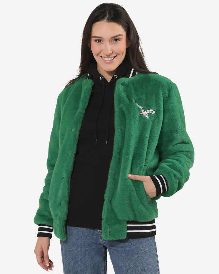 Philadelphia Eagles Kelly Green Retro Womens Oversized Faux Fur Bomber Jacket FOCO S - FOCO.com