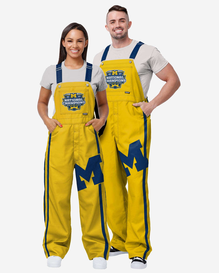 Michigan Wolverines 2023 Football National Champions Yellow Mens Team Stripe Stripe Bib Overalls FOCO - FOCO.com