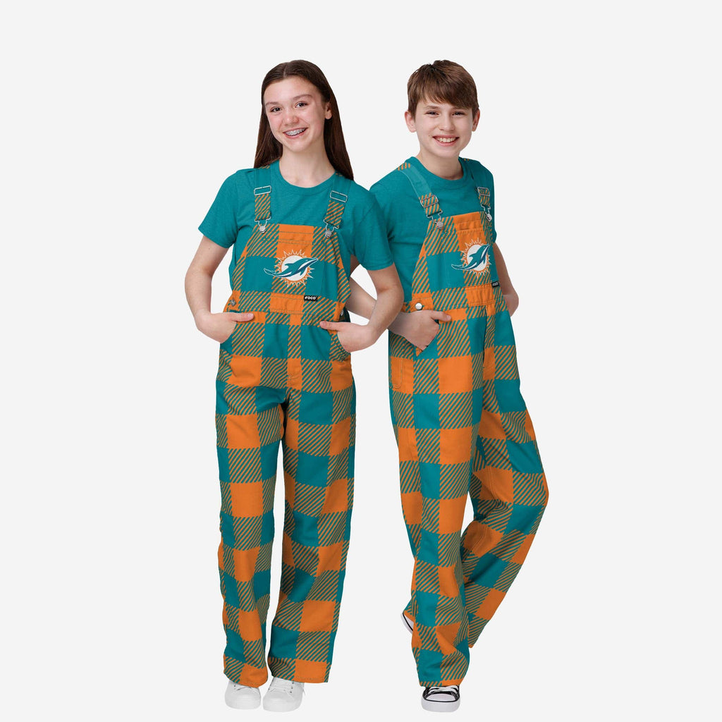 Miami Dolphins Youth Plaid Bib Overalls FOCO 8 (S) - FOCO.com