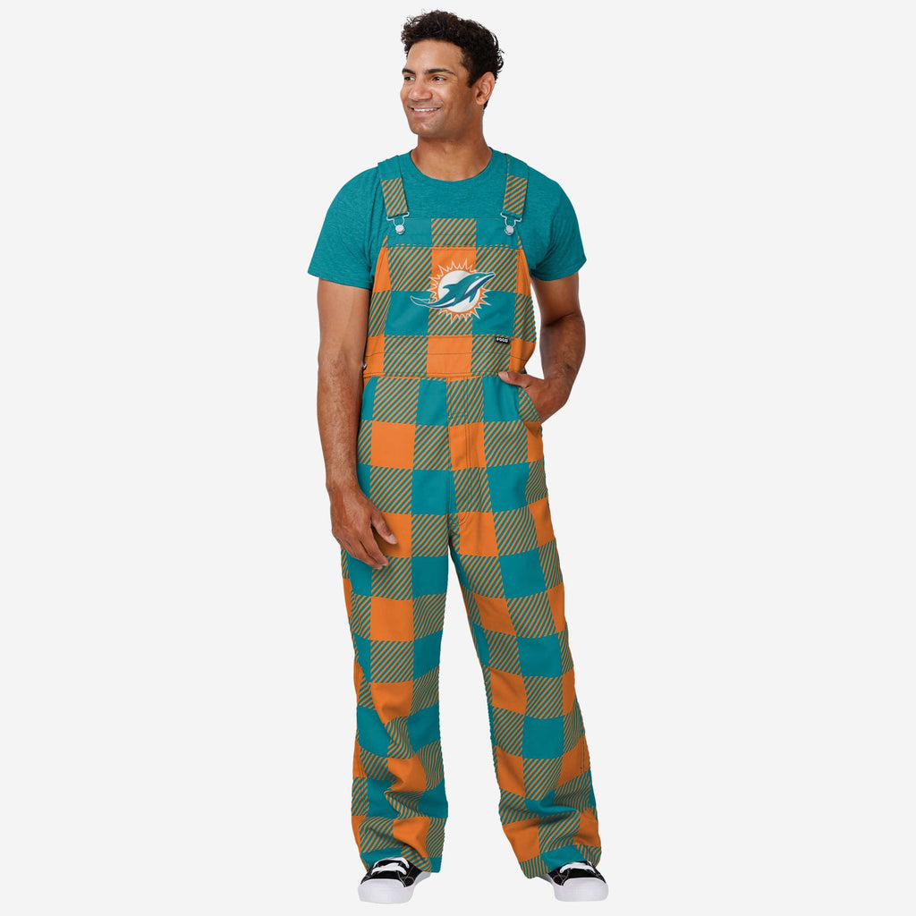 Miami Dolphins Mens Plaid Bib Overalls FOCO S - FOCO.com