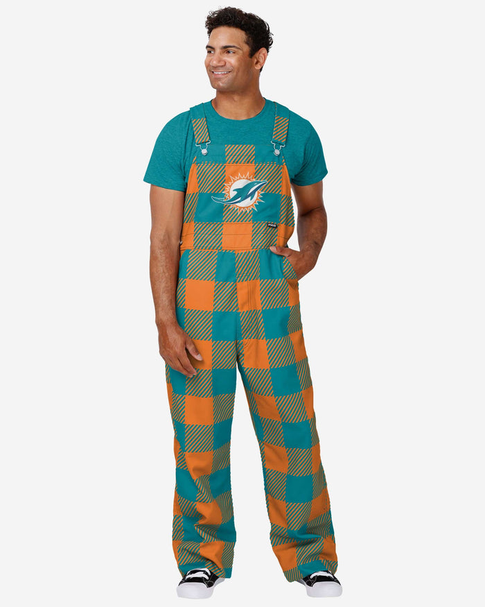 Miami Dolphins Mens Plaid Bib Overalls FOCO S - FOCO.com