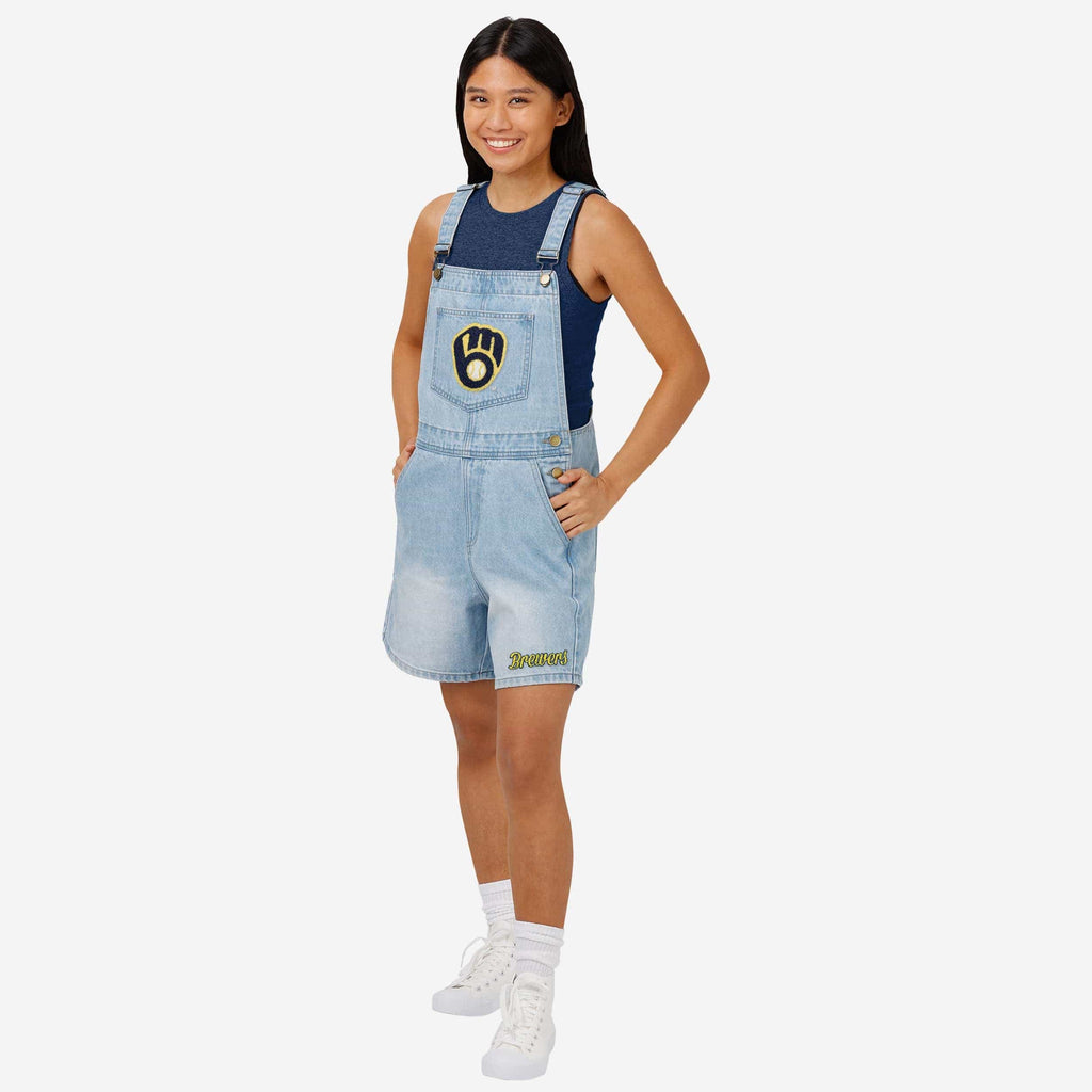 Milwaukee Brewers Womens Big Logo Denim Bib Shortalls FOCO M - FOCO.com