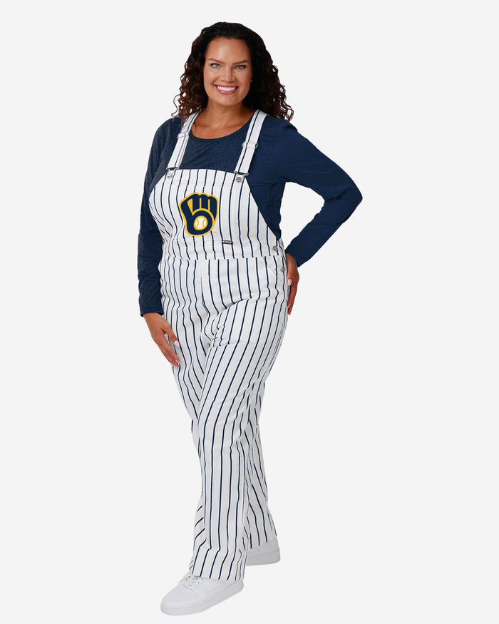 Milwaukee Brewers Womens Pinstripe Bib Overalls FOCO XS - FOCO.com