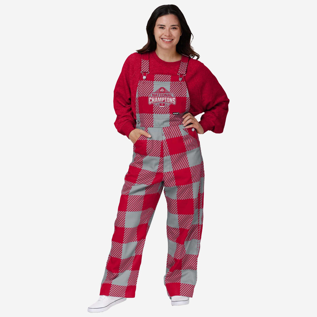 Ohio State Buckeyes 2024 Football National Champions Womens Red Plaid Bib Overalls FOCO XS - FOCO.com