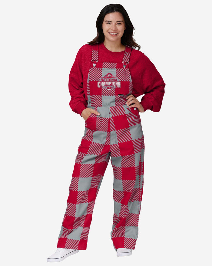 Ohio State Buckeyes 2024 Football National Champions Womens Red Plaid Bib Overalls FOCO XS - FOCO.com