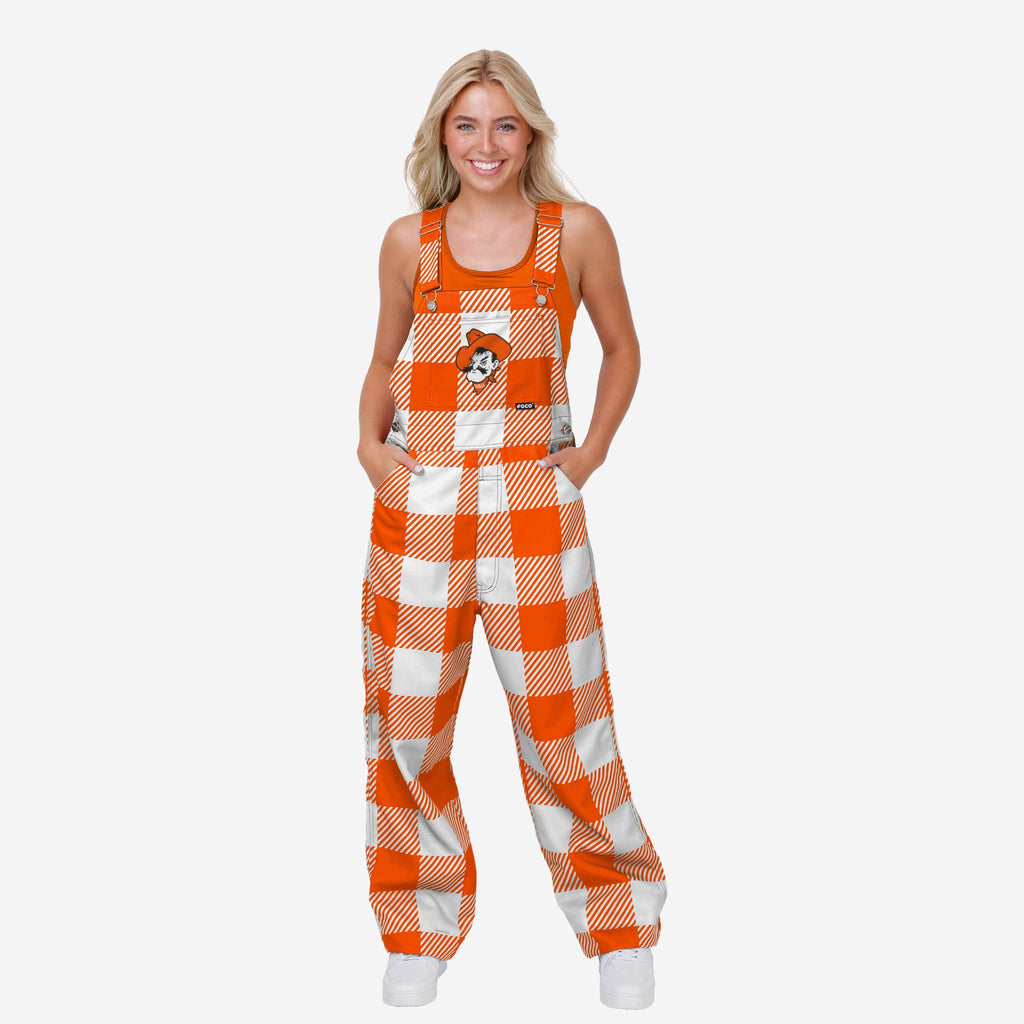 Oklahoma State Cowboys Womens Plaid Bib Overalls FOCO XS - FOCO.com