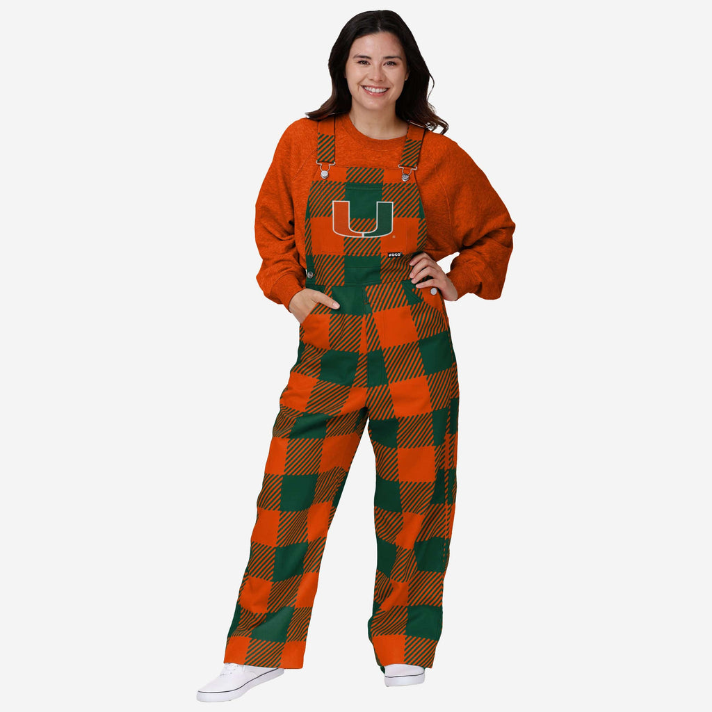 Miami Hurricanes Womens Plaid Bib Overalls FOCO XS - FOCO.com