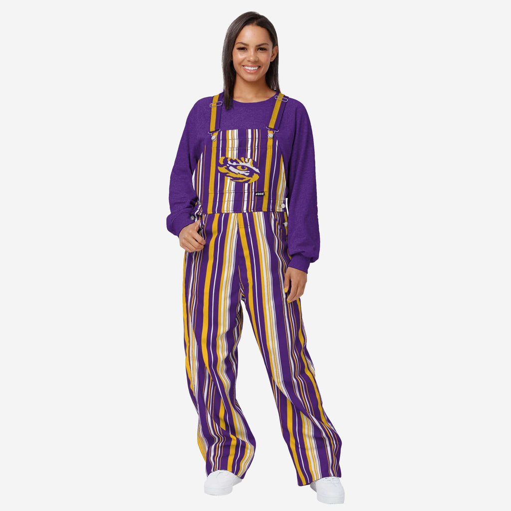 LSU Tigers Womens Hyper Stripe Bib Overalls FOCO XS - FOCO.com