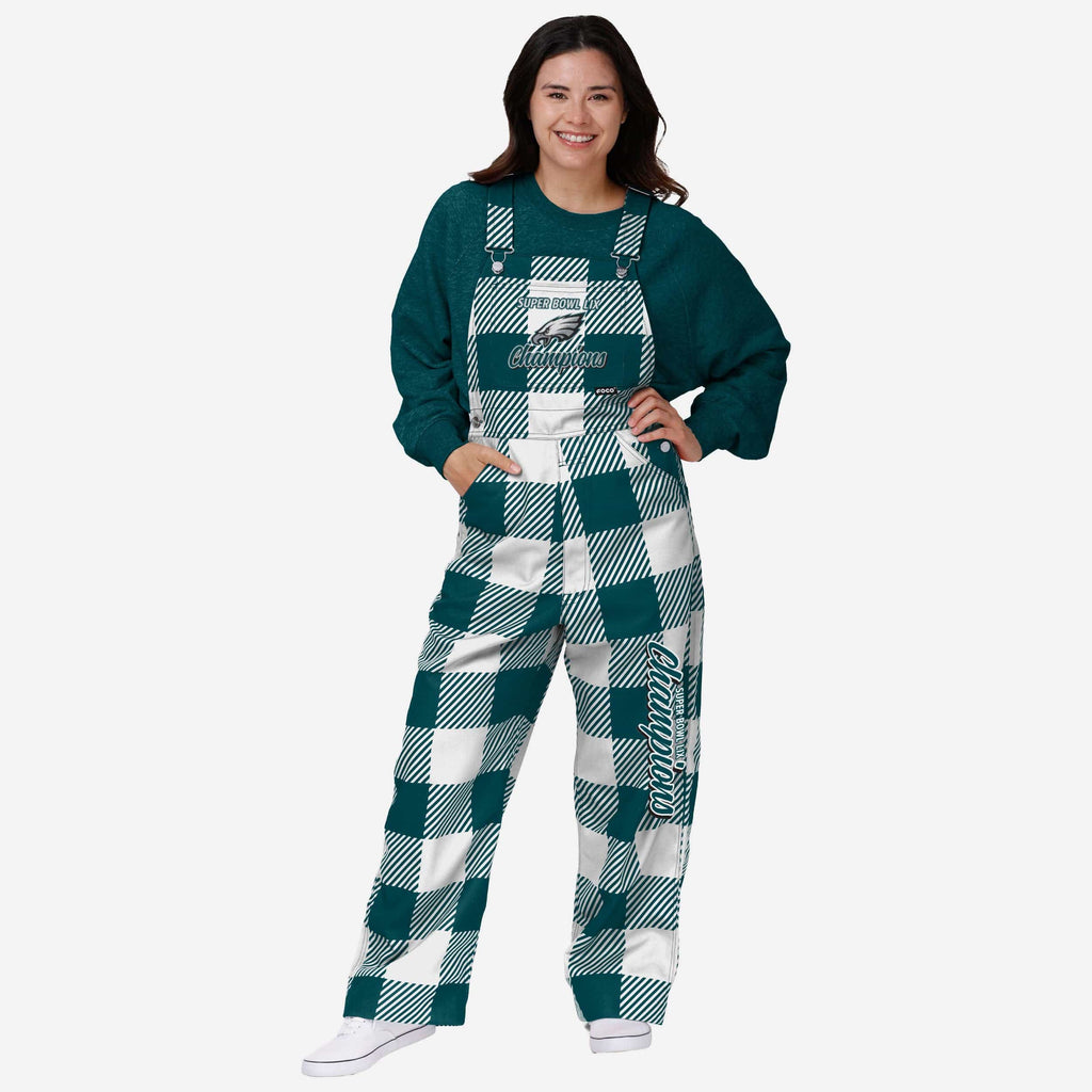 Philadelphia Eagles Super Bowl LIX Champions Womens Plaid Bib Overalls FOCO XS - FOCO.com