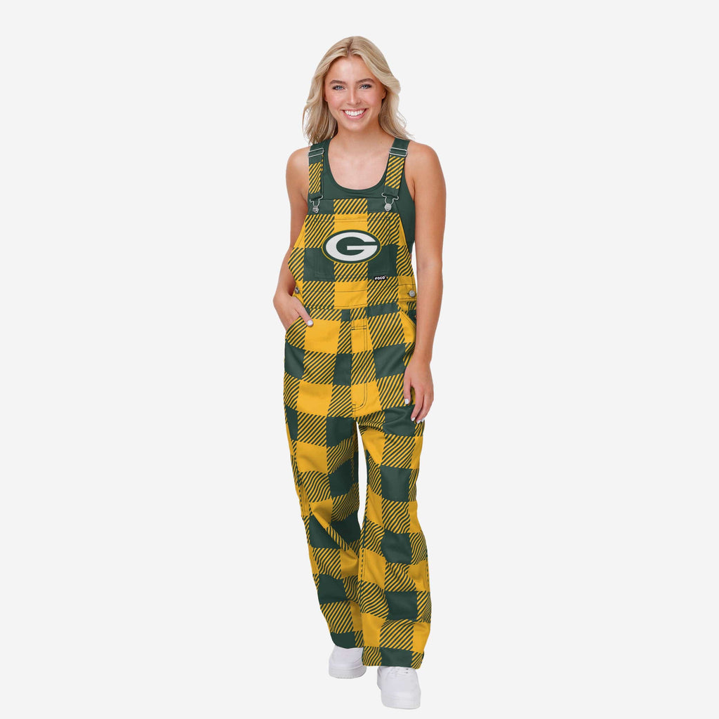 Green Bay Packers Womens Plaid Bib Overalls FOCO XS - FOCO.com