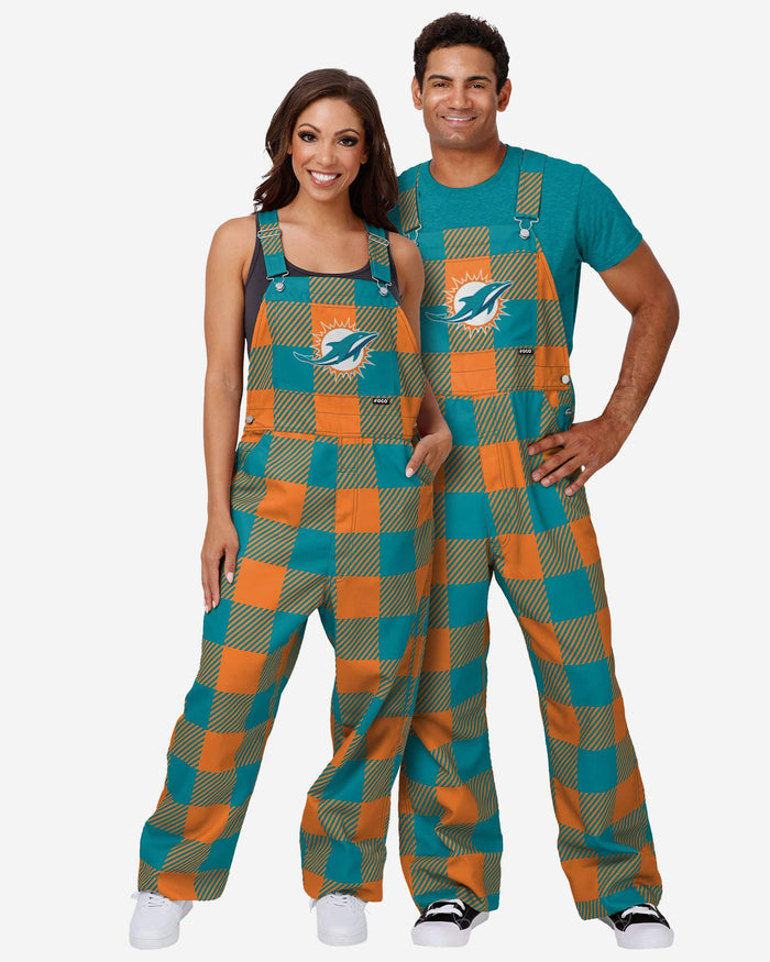 Miami Dolphins Womens Plaid Bib Overalls FOCO - FOCO.com