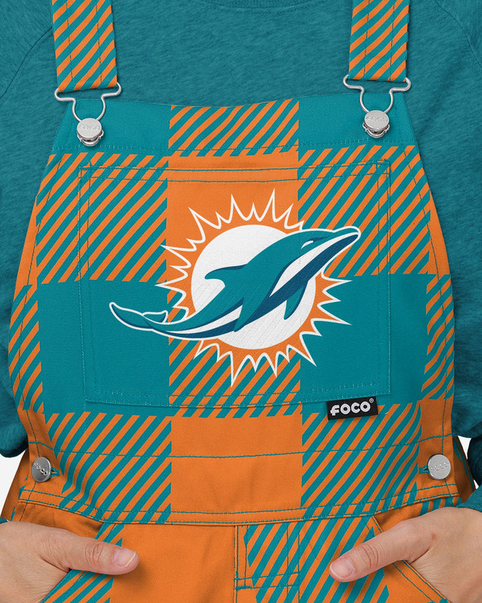 Miami Dolphins Womens Plaid Bib Overalls FOCO - FOCO.com