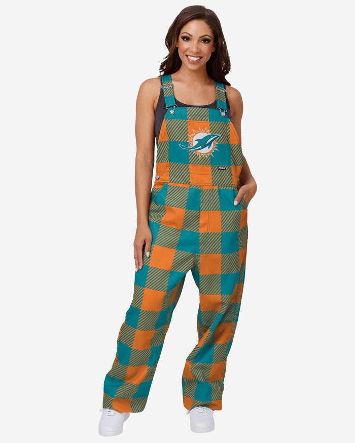 Miami Dolphins Womens Plaid Bib Overalls FOCO XS - FOCO.com