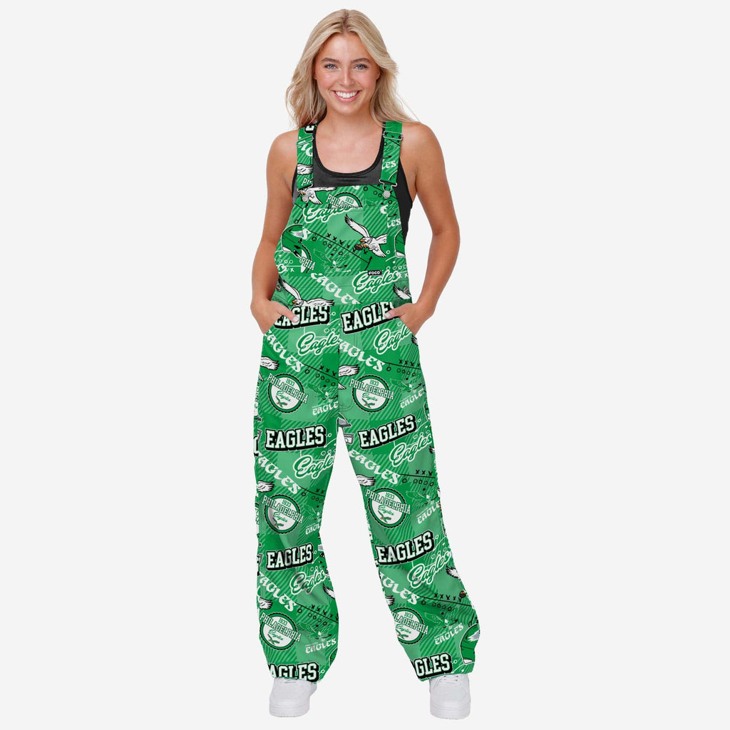 Philadelphia Eagles Womens Historic Print Bib Overalls FOCO XS - FOCO.com