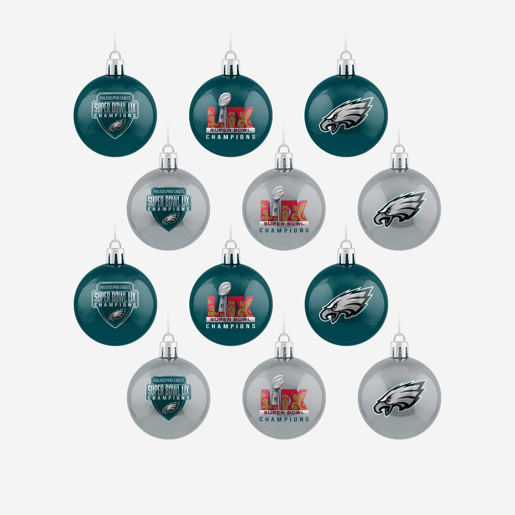 Philadelphia Eagles Super Bowl LIX Champions 12 Pack Plastic Ball Ornament Set FOCO - FOCO.com