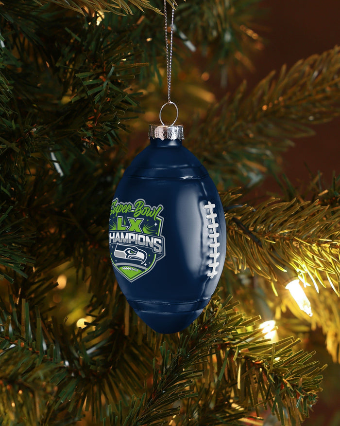 Seattle Seahawks Super Bowl LX Champions Blown Glass Football Ornament FOCO - FOCO.com