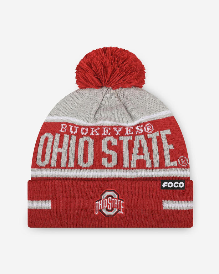 Ohio State Buckeyes Big Wordmark Stripe Pom Beanie FOCO - FOCO.com