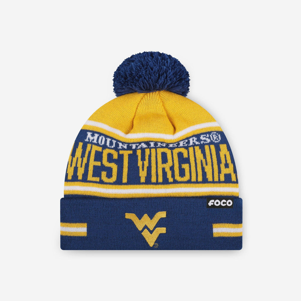West Virginia Mountaineers Big Wordmark Stripe Pom Beanie FOCO - FOCO.com