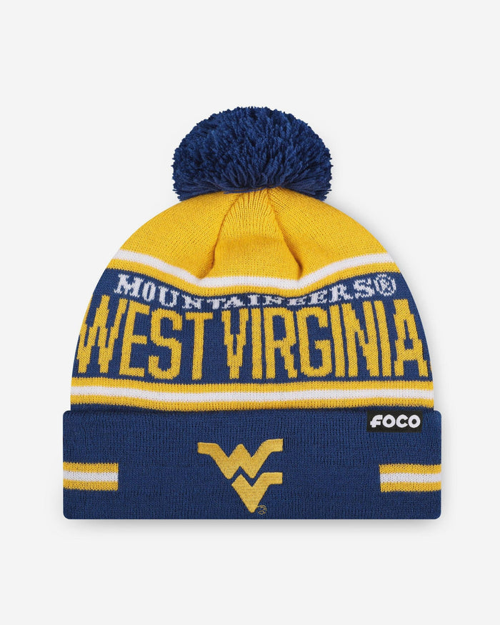 West Virginia Mountaineers Big Wordmark Stripe Pom Beanie FOCO - FOCO.com