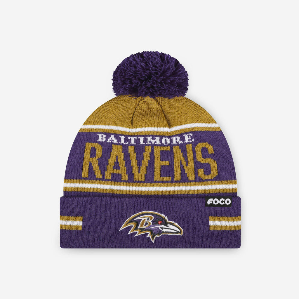 Baltimore Ravens Big Wordmark Stripe Pom Beanie FOCO - FOCO.com