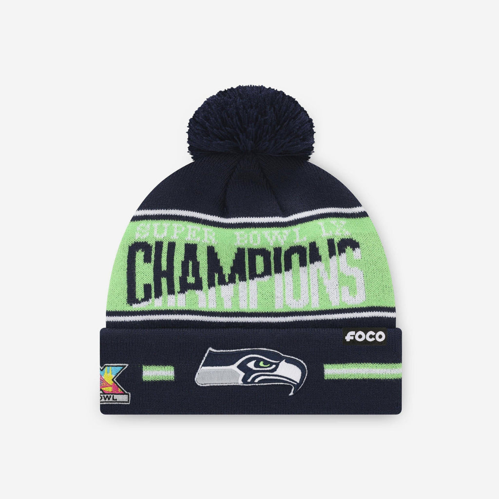 Seattle Seahawks Super Bowl LX Champions Big Wordmark Stripe Pom Beanie FOCO - FOCO.com