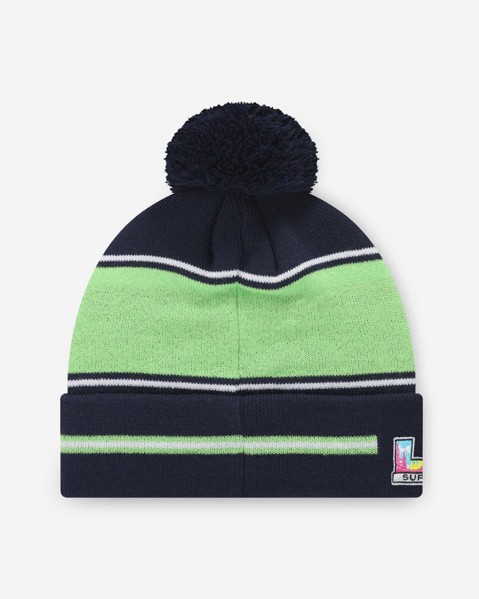 Seattle Seahawks Super Bowl LX Champions Big Wordmark Stripe Pom Beanie FOCO - FOCO.com