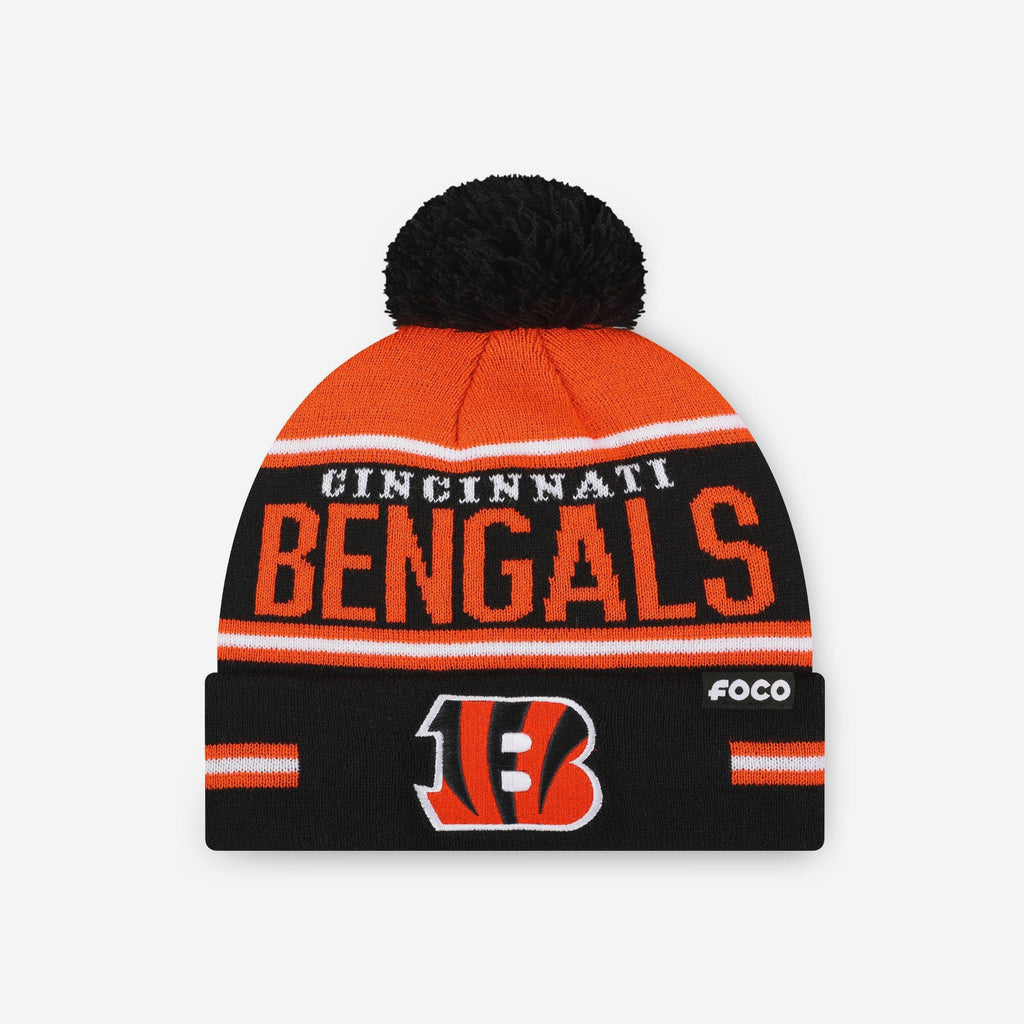Cincinnati Bengals Big Wordmark Stripe Pom Beanie FOCO - FOCO.com