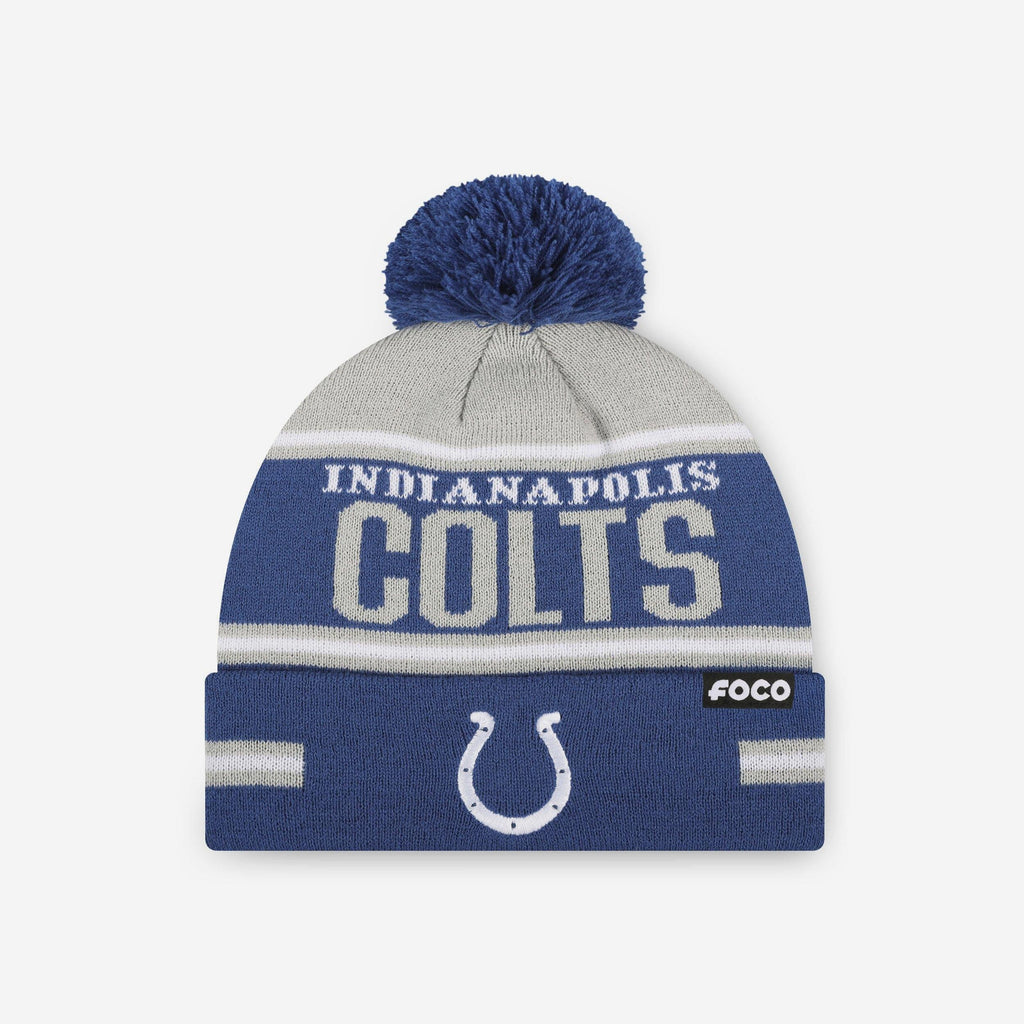 Indianapolis Colts Big Wordmark Stripe Pom Beanie FOCO - FOCO.com