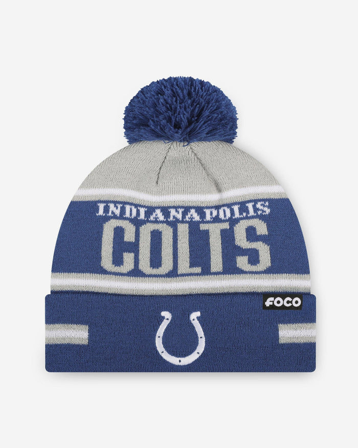 Indianapolis Colts Big Wordmark Stripe Pom Beanie FOCO - FOCO.com