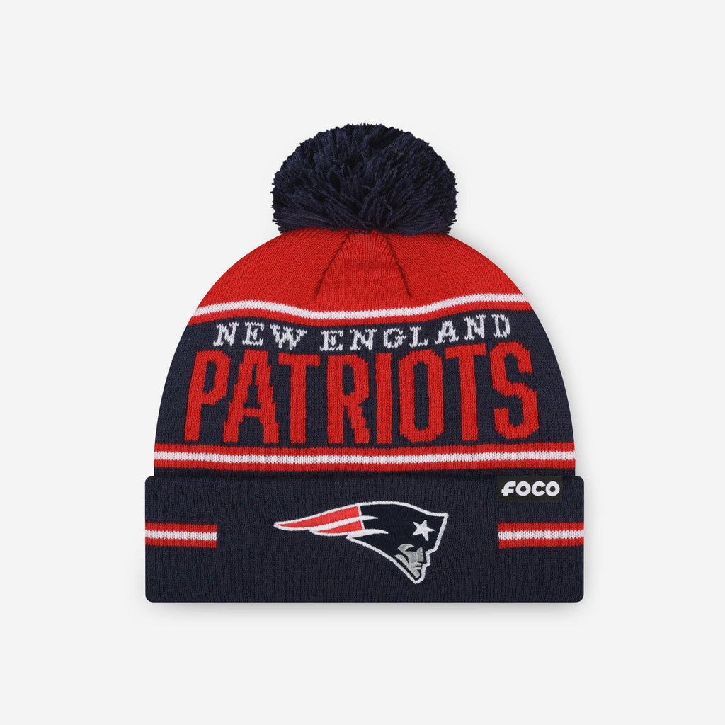 New England Patriots Big Wordmark Stripe Pom Beanie FOCO - FOCO.com