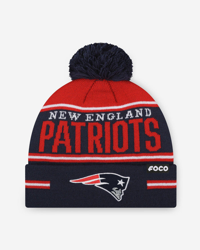 New England Patriots Big Wordmark Stripe Pom Beanie FOCO - FOCO.com