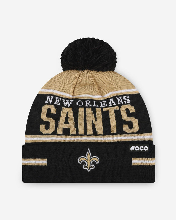 New Orleans Saints Big Wordmark Stripe Pom Beanie FOCO - FOCO.com