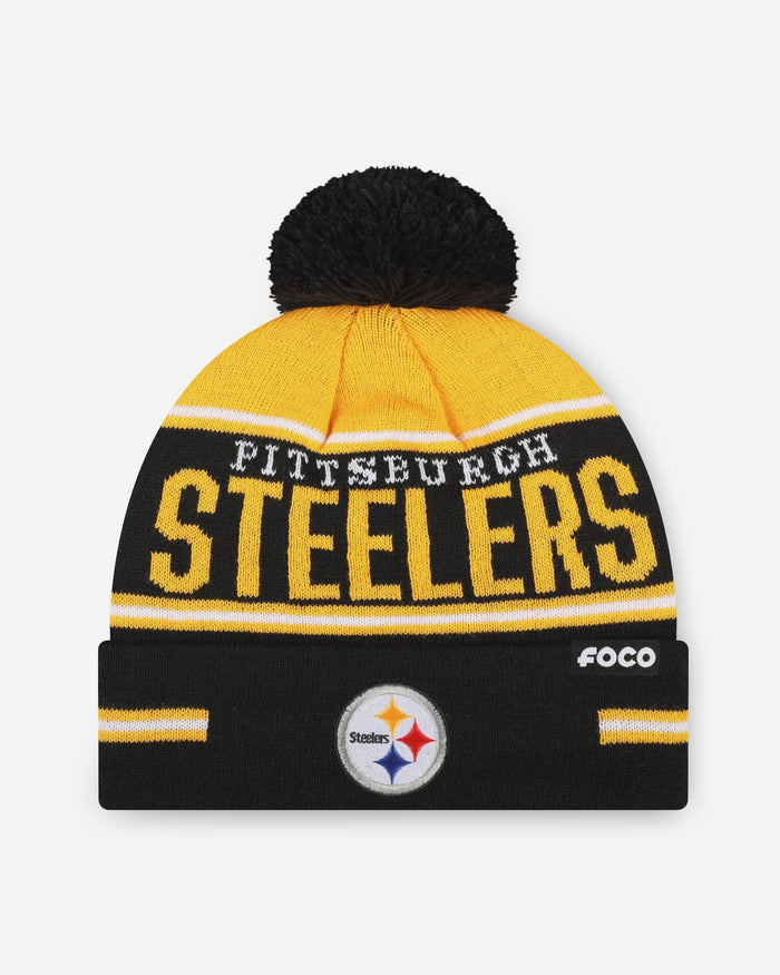 Pittsburgh Steelers Big Wordmark Stripe Pom Beanie FOCO - FOCO.com