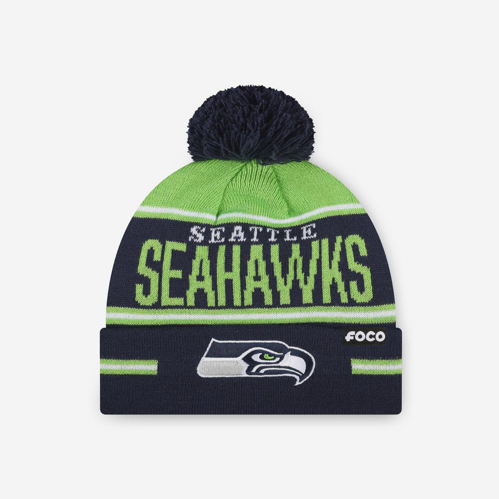 Seattle Seahawks Big Wordmark Stripe Pom Beanie FOCO - FOCO.com