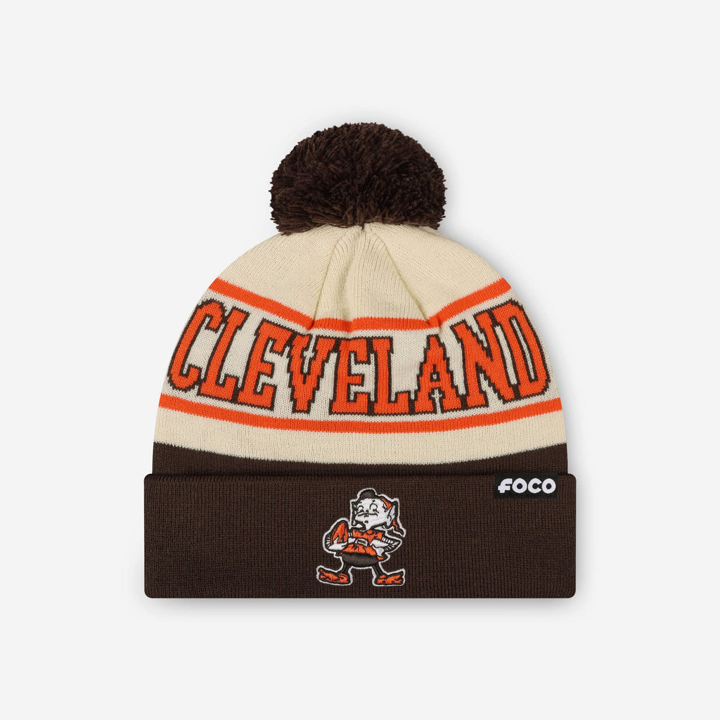 Cleveland Browns Heritage Stripe Retro Logo Pom Beanie FOCO - FOCO.com