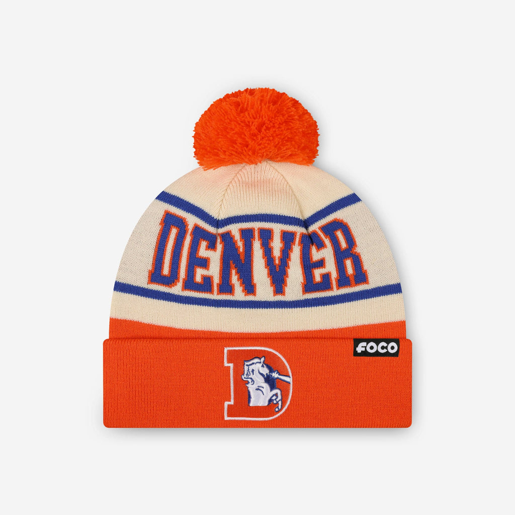 Denver Broncos Heritage Stripe Retro Logo Pom Beanie FOCO - FOCO.com