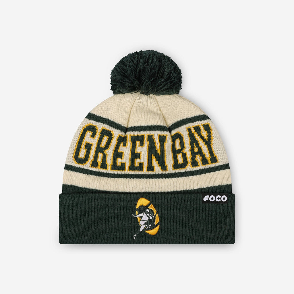 Green Bay Packers Heritage Stripe Retro Logo Pom Beanie FOCO - FOCO.com