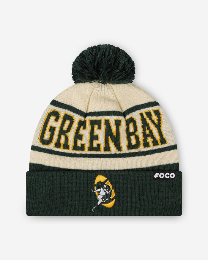 Green Bay Packers Heritage Stripe Retro Logo Pom Beanie FOCO - FOCO.com