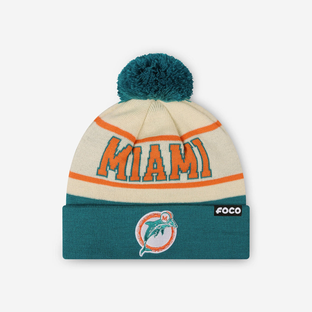 Miami Dolphins Heritage Stripe Retro Logo Pom Beanie FOCO - FOCO.com