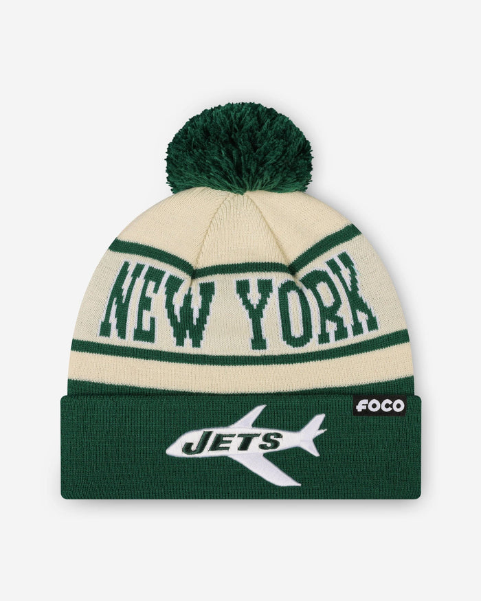 New York Jets Heritage Stripe Retro Logo Pom Beanie FOCO - FOCO.com