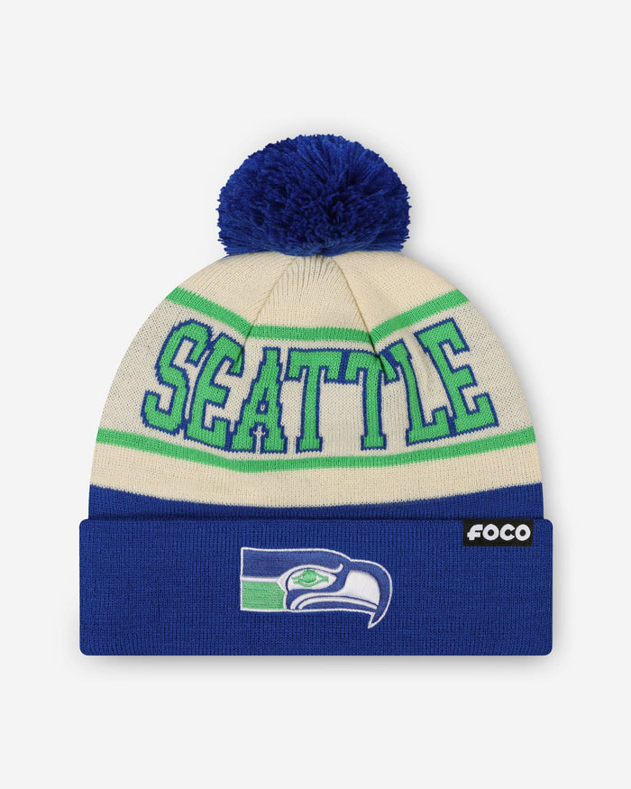 Seattle Seahawks Heritage Stripe Retro Logo Pom Beanie FOCO - FOCO.com