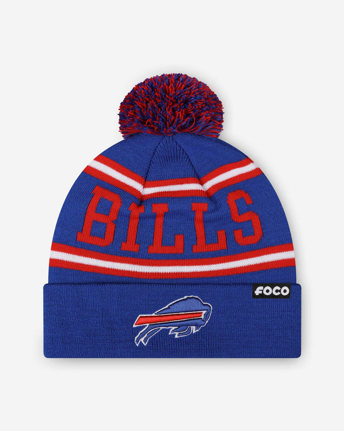 Buffalo Bills Primary Logo Stripe Pom Beanie FOCO - FOCO.com