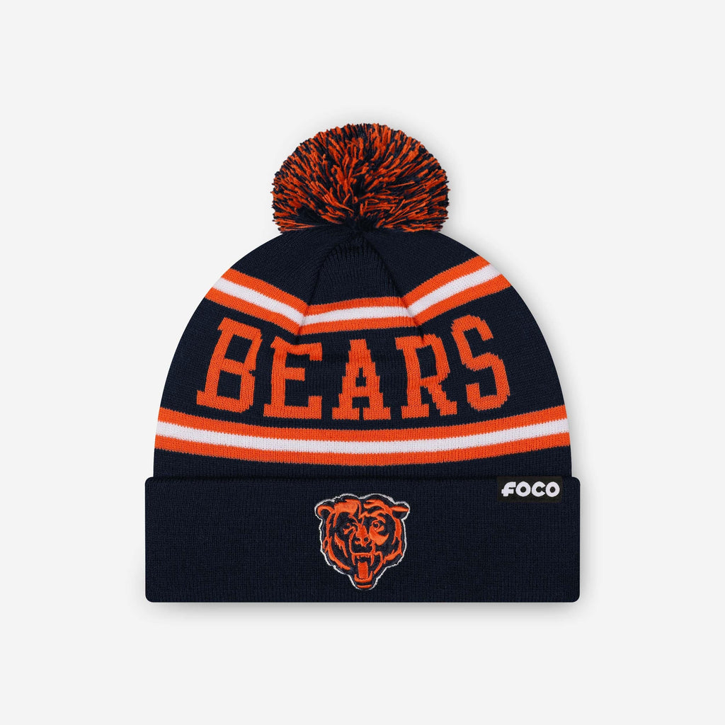 Chicago Bears Primary Logo Stripe Pom Beanie FOCO - FOCO.com