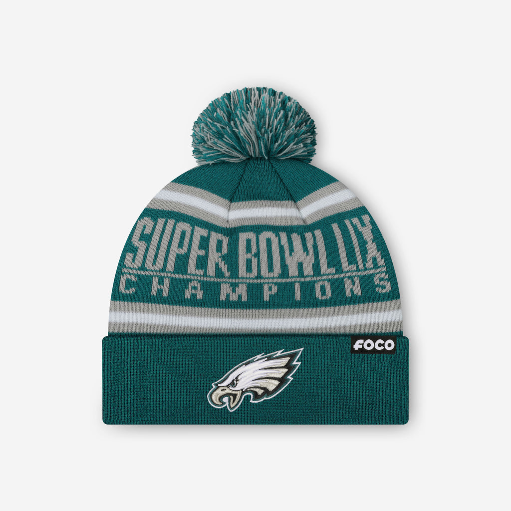 Philadelphia Eagles Super Bowl LIX Champions Midnight Green Primary Logo Stripe Pom Beanie FOCO - FOCO.com