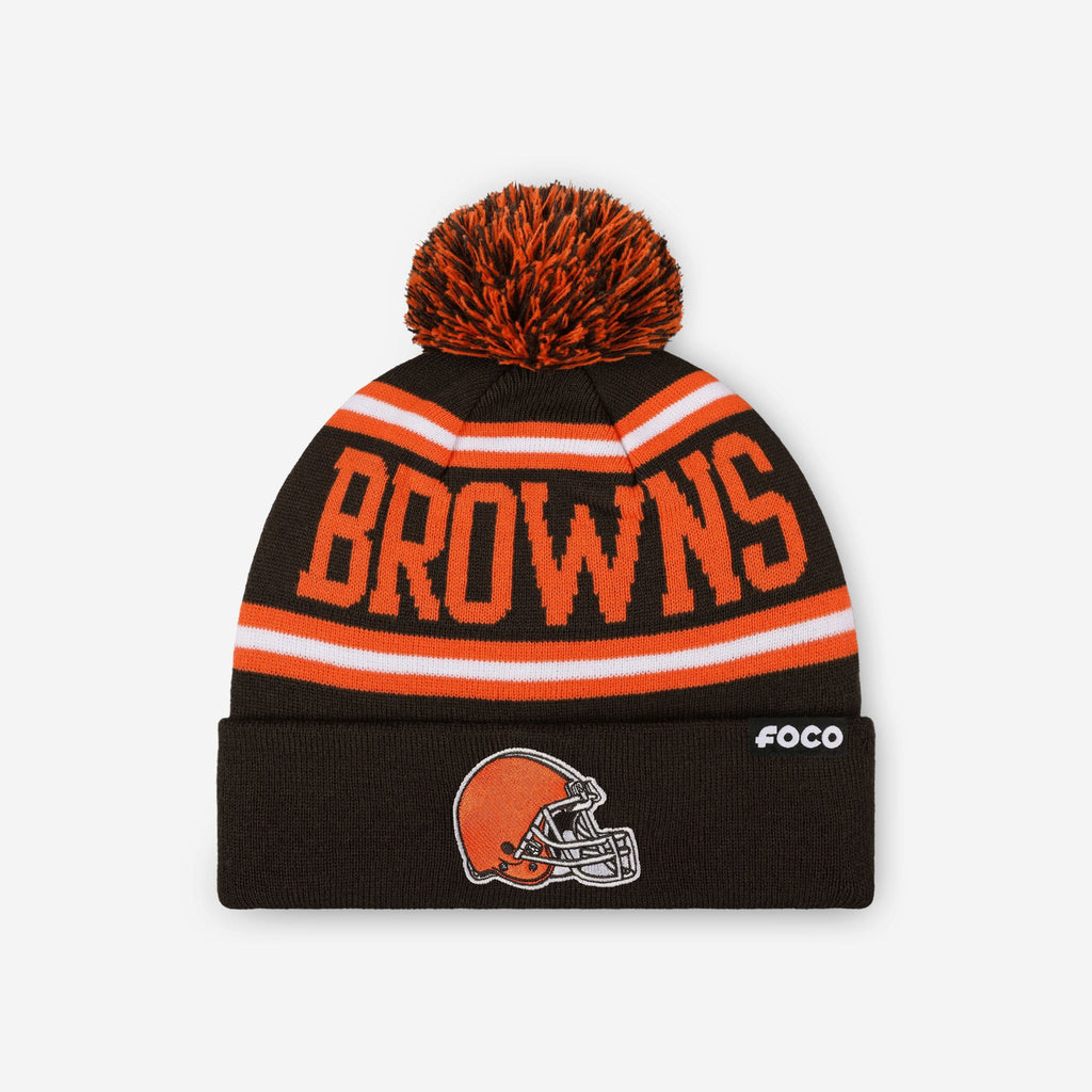 Cleveland Browns Primary Logo Stripe Pom Beanie FOCO - FOCO.com