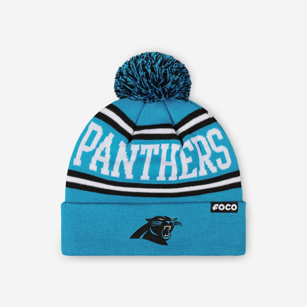 Carolina Panthers Primary Logo Stripe Pom Beanie FOCO - FOCO.com