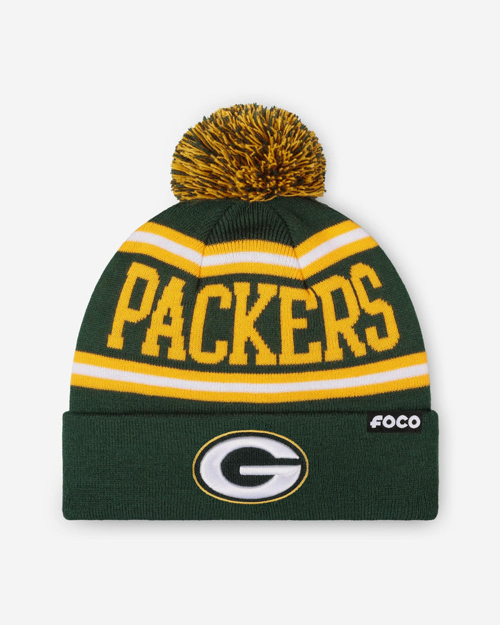 Green Bay Packers Primary Logo Stripe Pom Beanie FOCO - FOCO.com